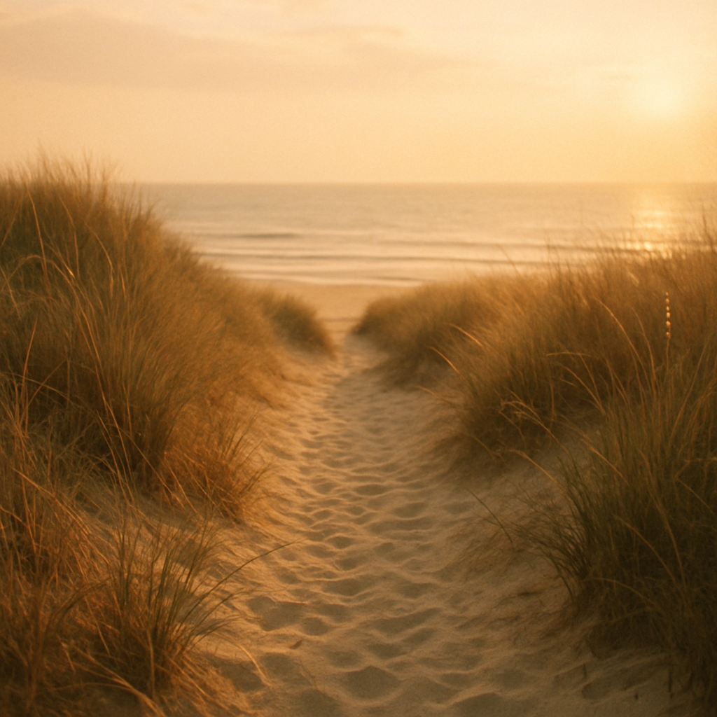 A sandy path through dune grass leading to the ocean at golden hour